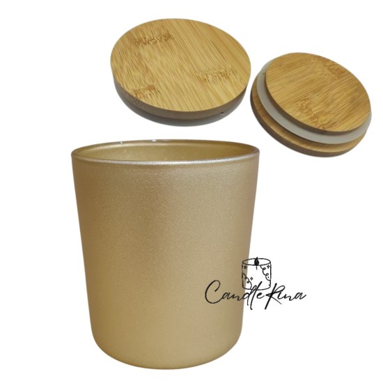 Γυάλινο Ποτήρι 350ml χρυσό με καπάκι bamboo, φ 8.5 x 8.9 cm (12ΑΔΑ) 3.40/τμχ 93600