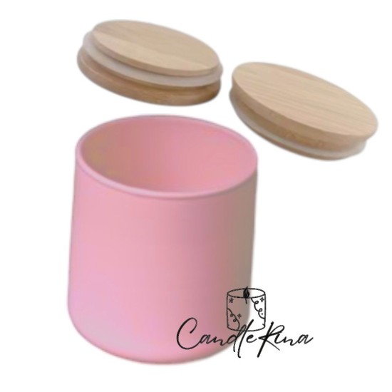 Γυάλινο Ποτήρι 260ml ροζ με καπάκι bamboo, φ 7.4 x 8 cm 